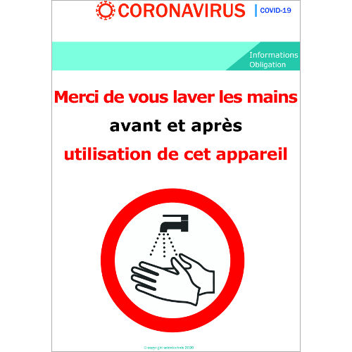 Se laver les mains avant et après utilisation de cet appareil - signalétique