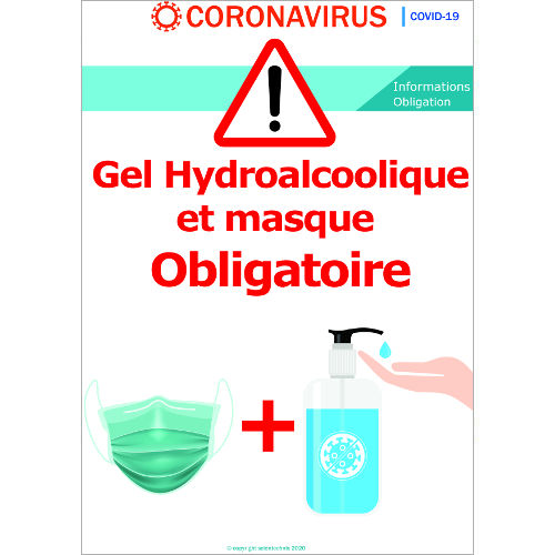 Gel Hydroalcoolique et masque obligatoire avant d'entrer - Signalétique  Format A3