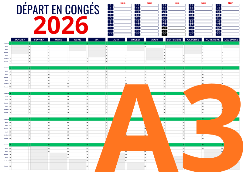 Planning ordre des départs en congés 2026 A3 de 1 a 50 salariés