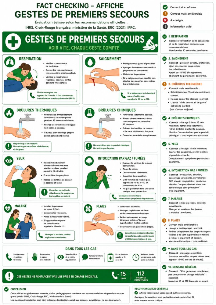 Affiche Gestes de Premiers Secours - Fact Checking A4 Plastifiée